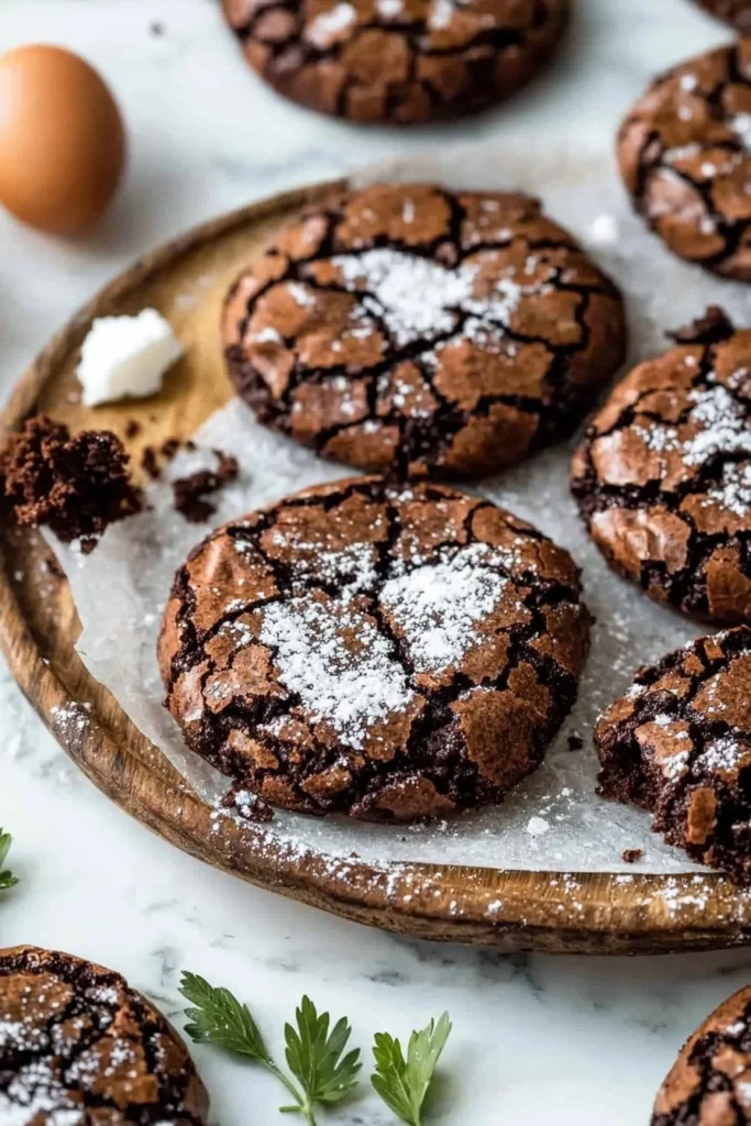 Fudgy brownie crinkle cookies on a rustic wooden table