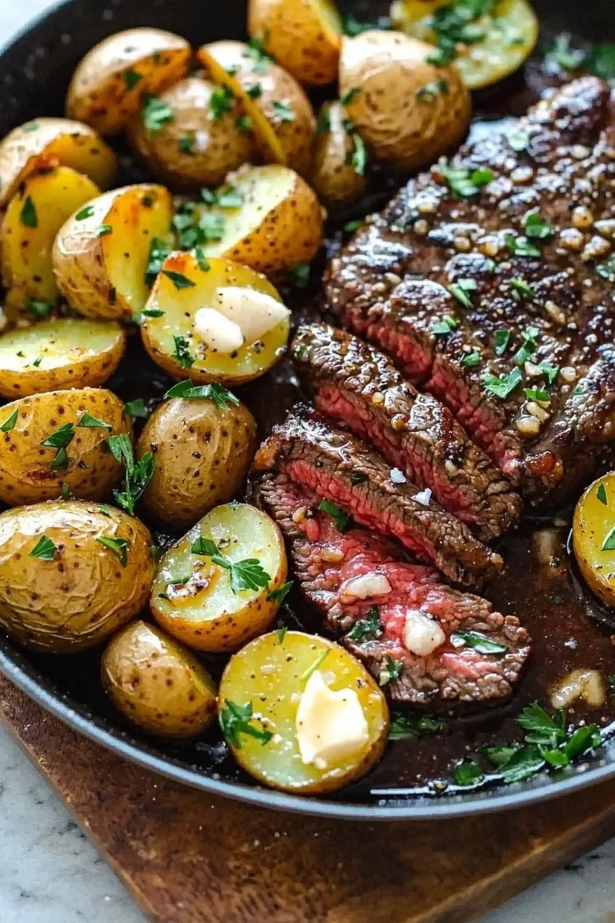 Garlic Butter Steak and Potatoes Skillet served on a rustic wooden table