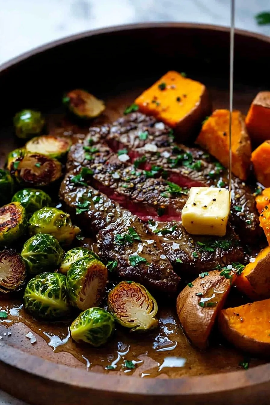 Garlic Butter Steak served with Brussels sprouts and sweet potatoes on a plate.