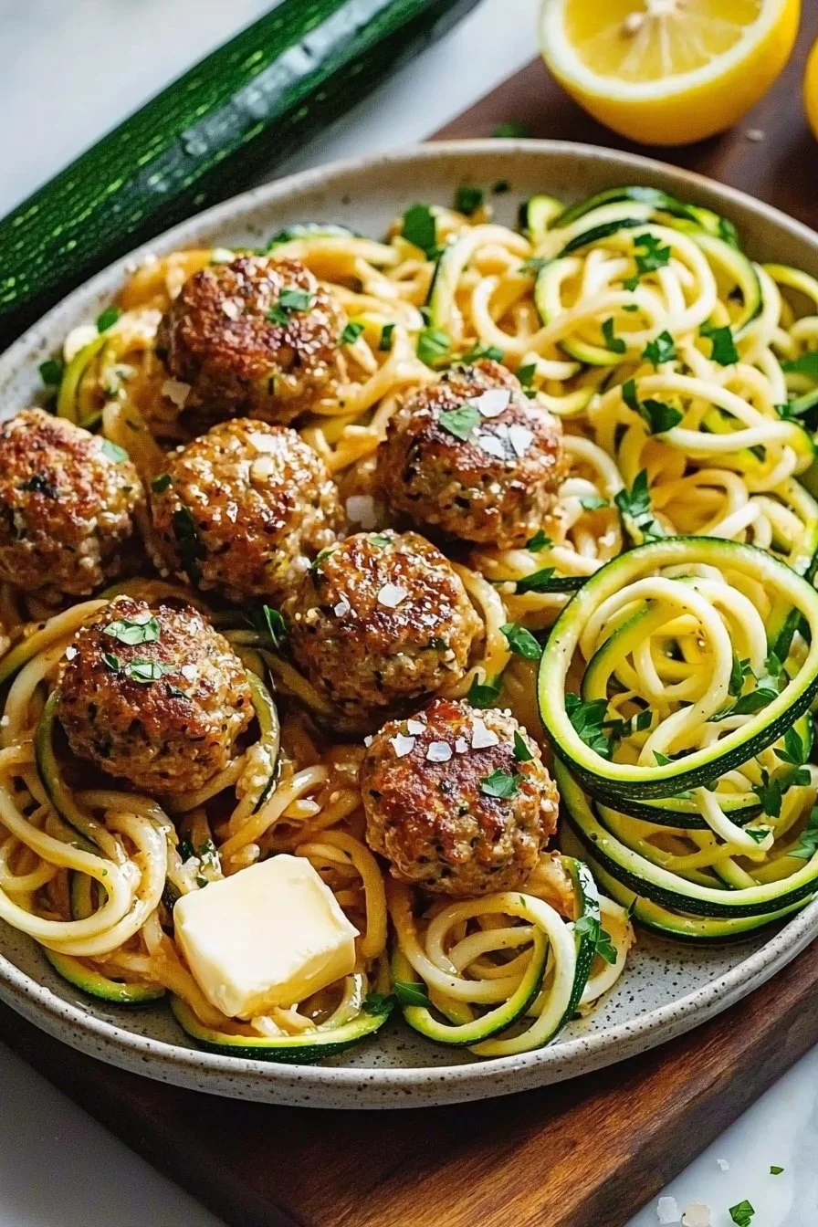 Garlic Butter Turkey Meatballs with Lemon Zucchini Noodles
