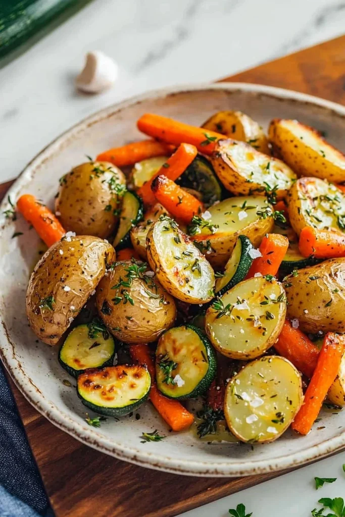 Delicious Garlic Herb Roasted Potatoes with carrots and zucchini