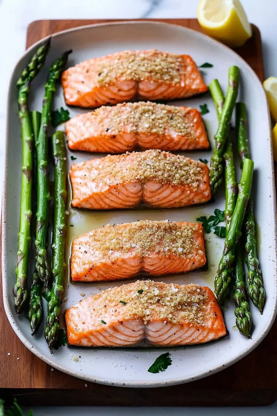 Garlic Parmesan Crusted Salmon served with Asparagus on a plate
