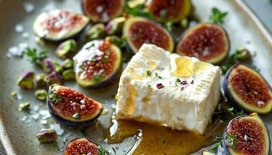 Goat cheese appetizer topped with honey, fig, and pistachios on a serving platter.