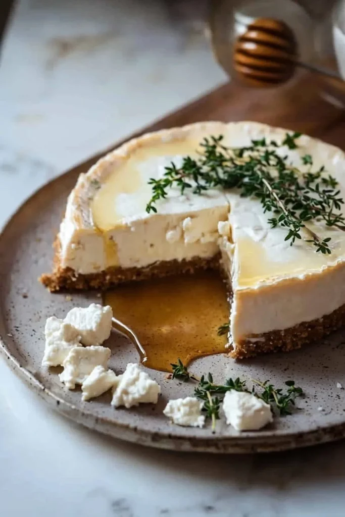 Slice of Goat’s Cheese, Honey & Thyme Cheesecake on a white plate