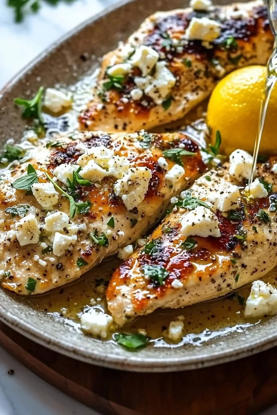 Plate of Greek chicken with lemon and feta served with vegetables