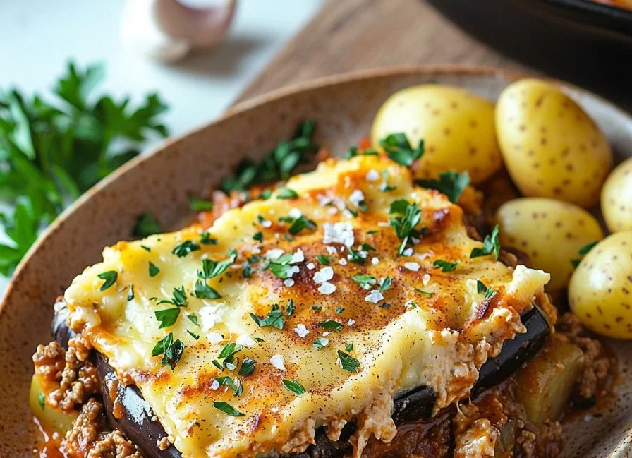 Delicious Greek Moussaka with layers of eggplant and ground meat