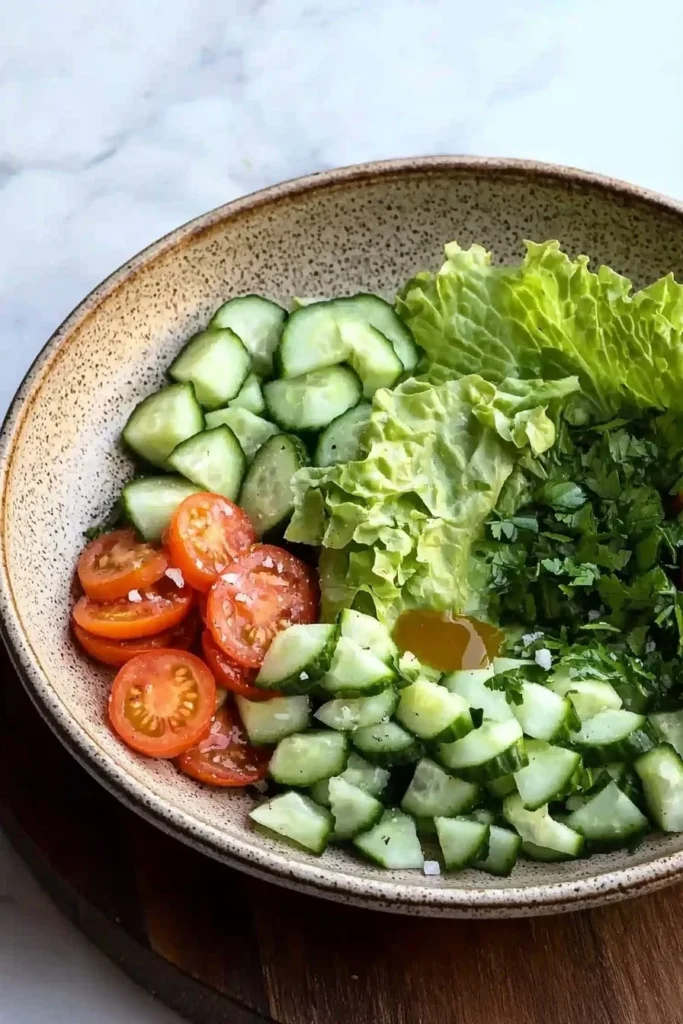 Fresh green salad with vibrant vegetables and dressing.