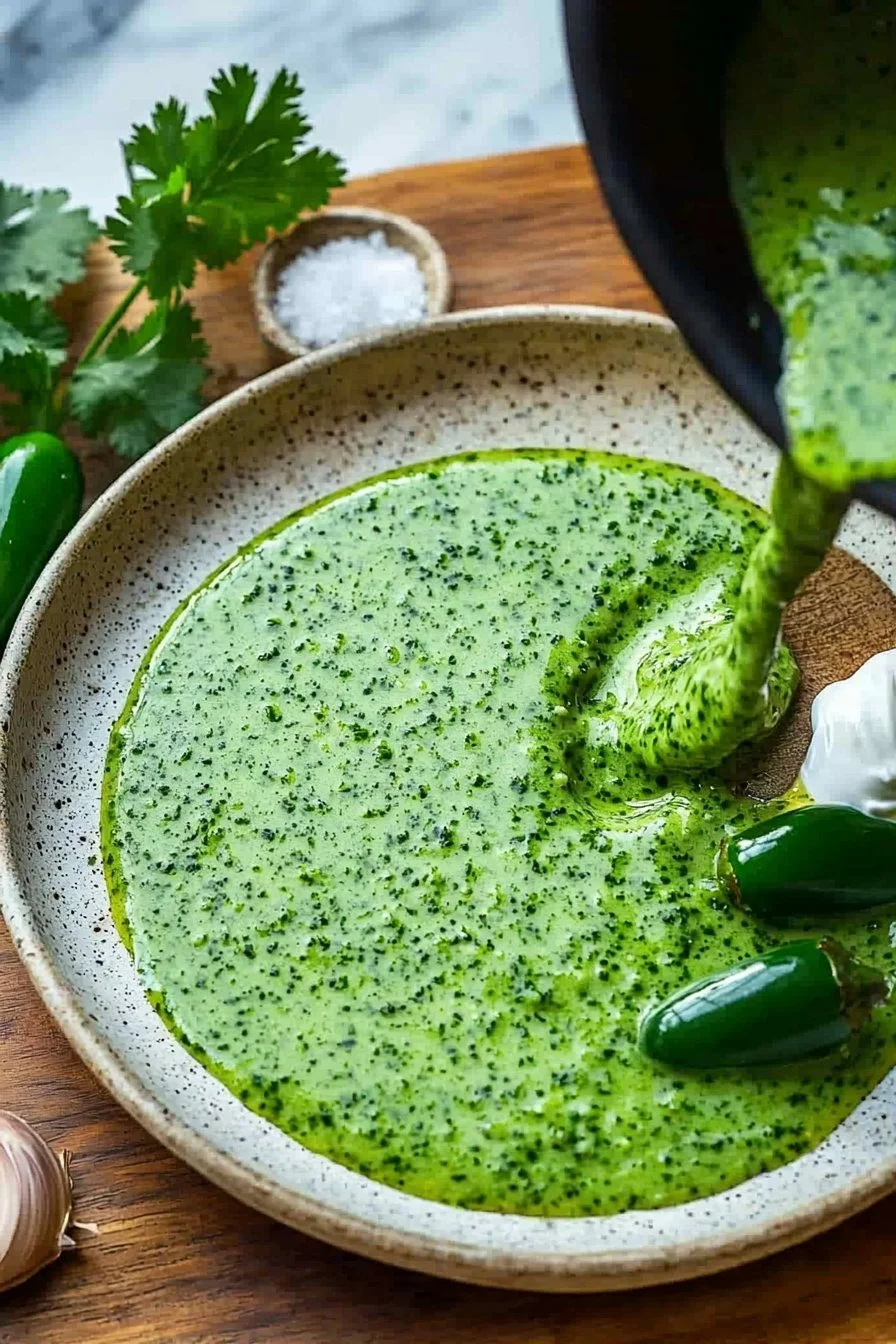 Peruvian green sauce served in a bowl with ingredients in the background