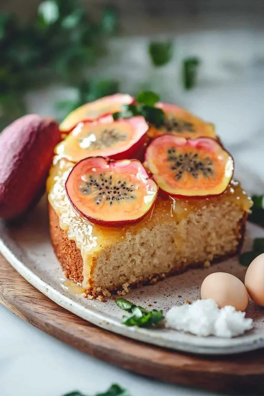 Hawaiian Guava Cake topped with fresh guava slices and frosting