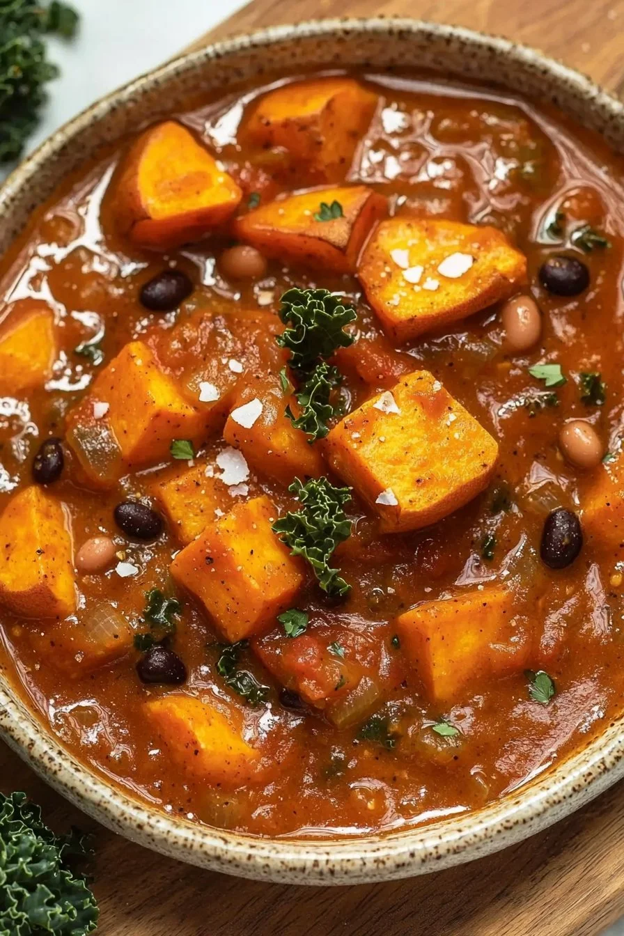 Hearty vegan sweet potato stew with vegetables in a bowl