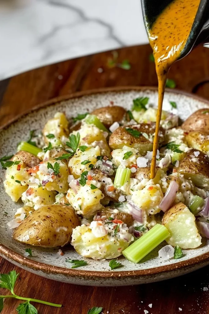 Heinz Smashed Potato Salad served in a bowl with fresh herbs.
