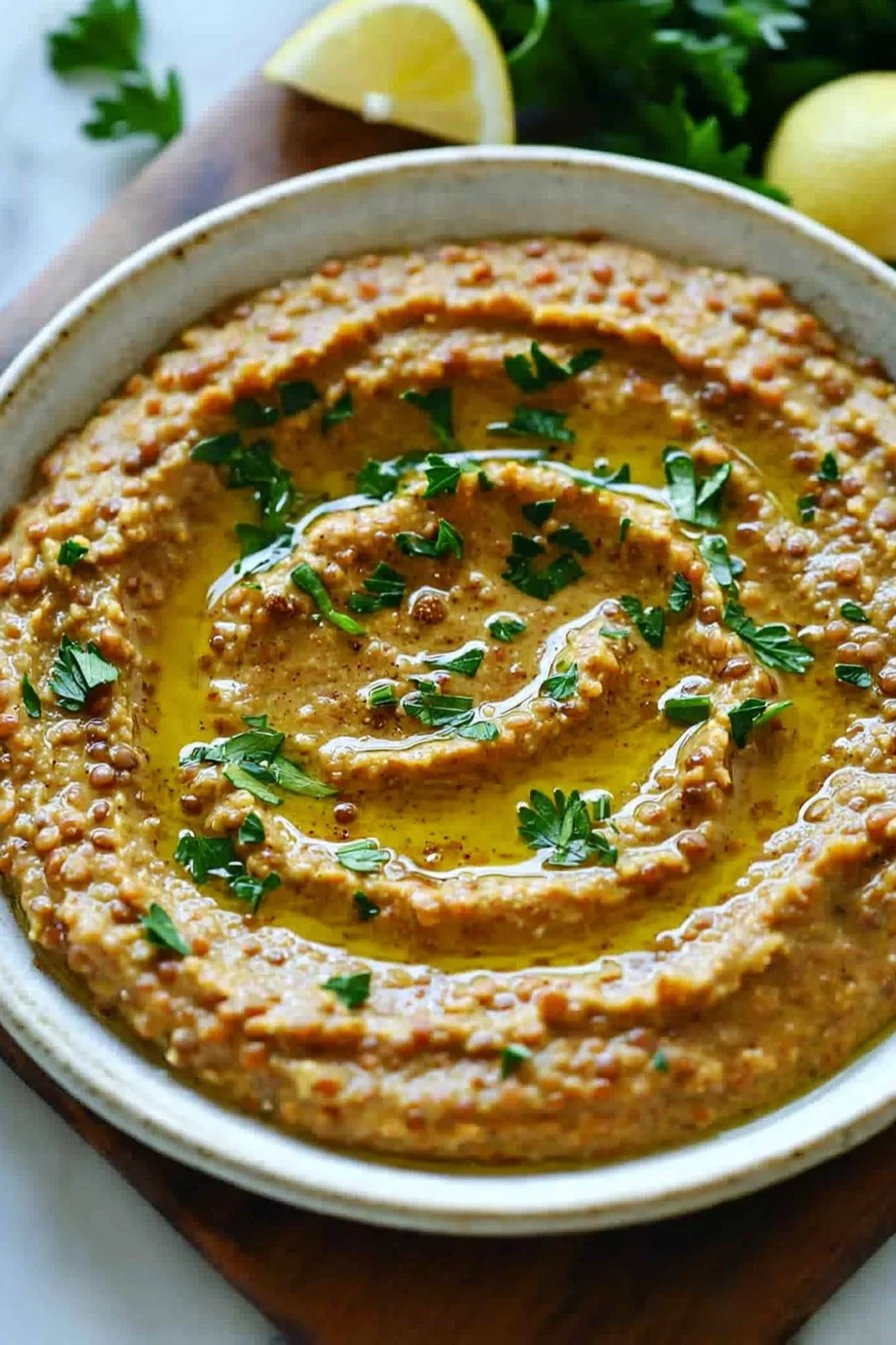 High-protein red lentil dip served in a bowl with fresh herbs and vegetables
