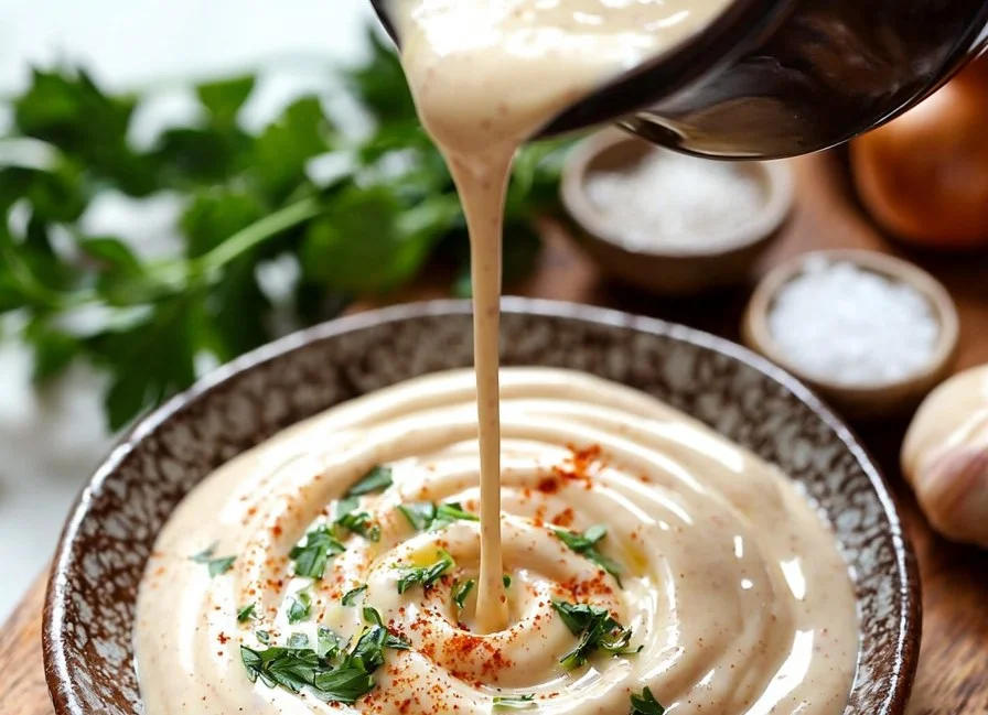Homemade blooming onion sauce in a bowl, ready to serve with crispy onion petals.