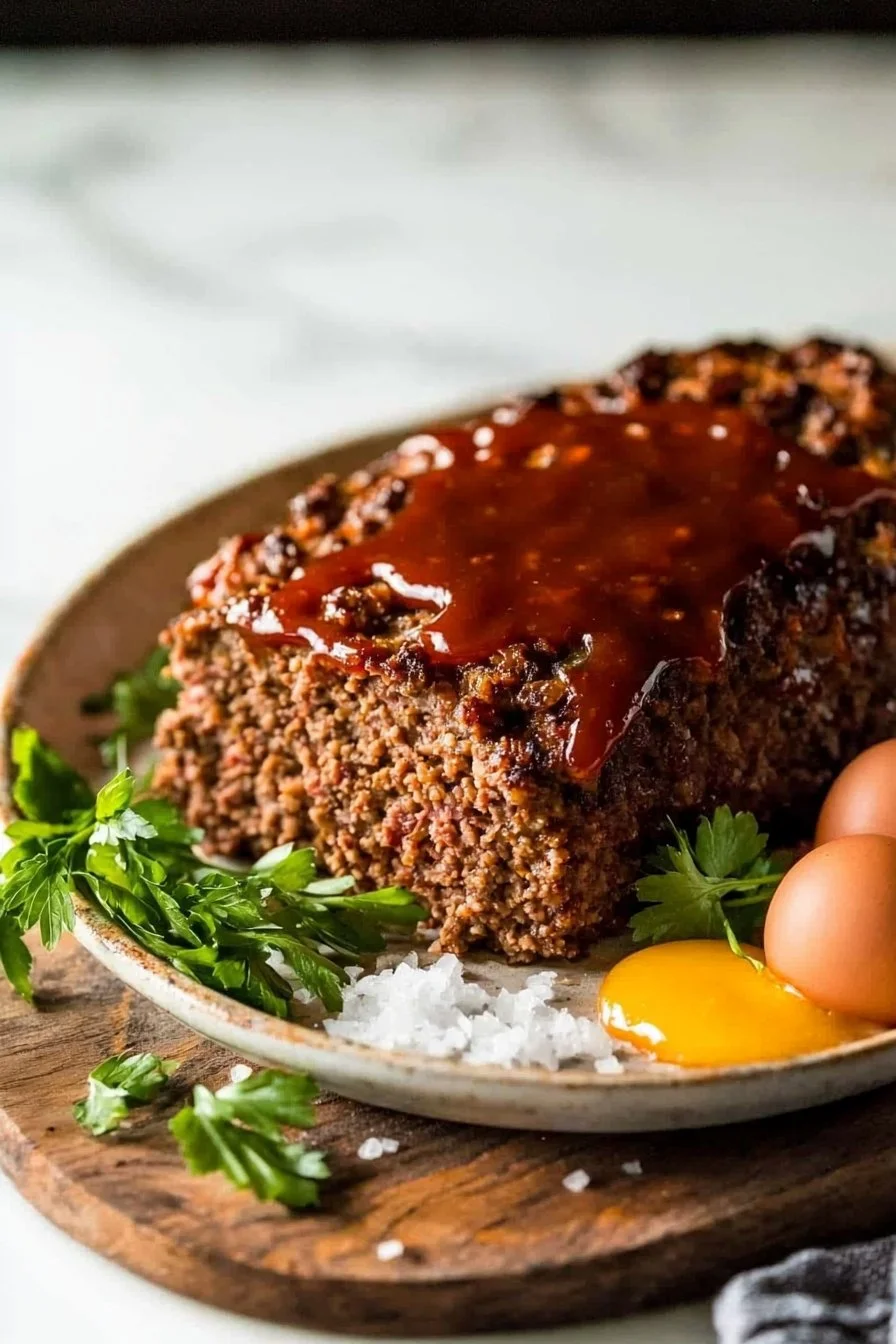 Delicious homemade classic beef meatloaf served with garnishes
