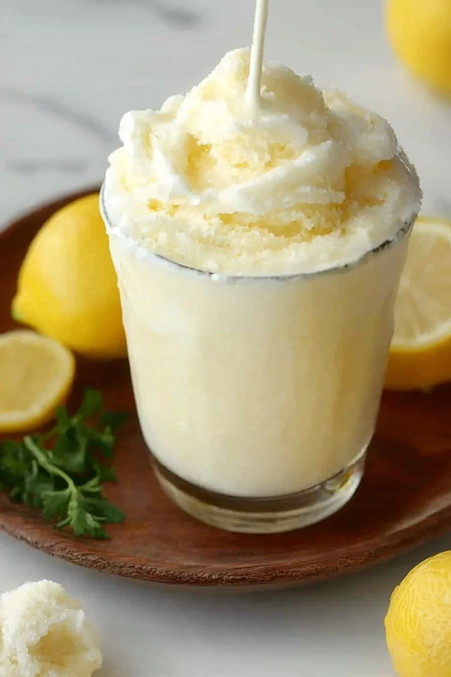 Homemade copycat frosted lemonade in a glass with lemon slices and mint garnish.