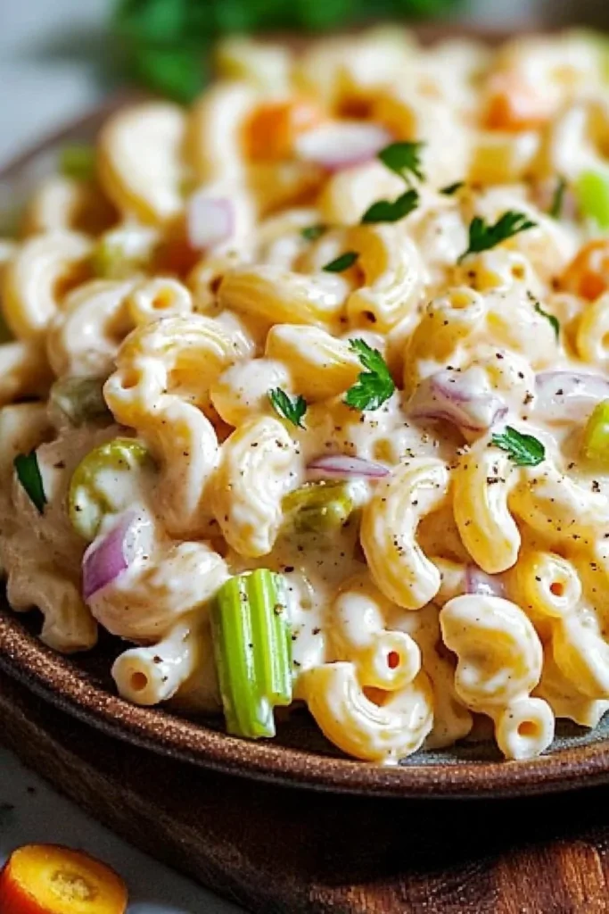 Homemade creamy macaroni salad served in a bowl