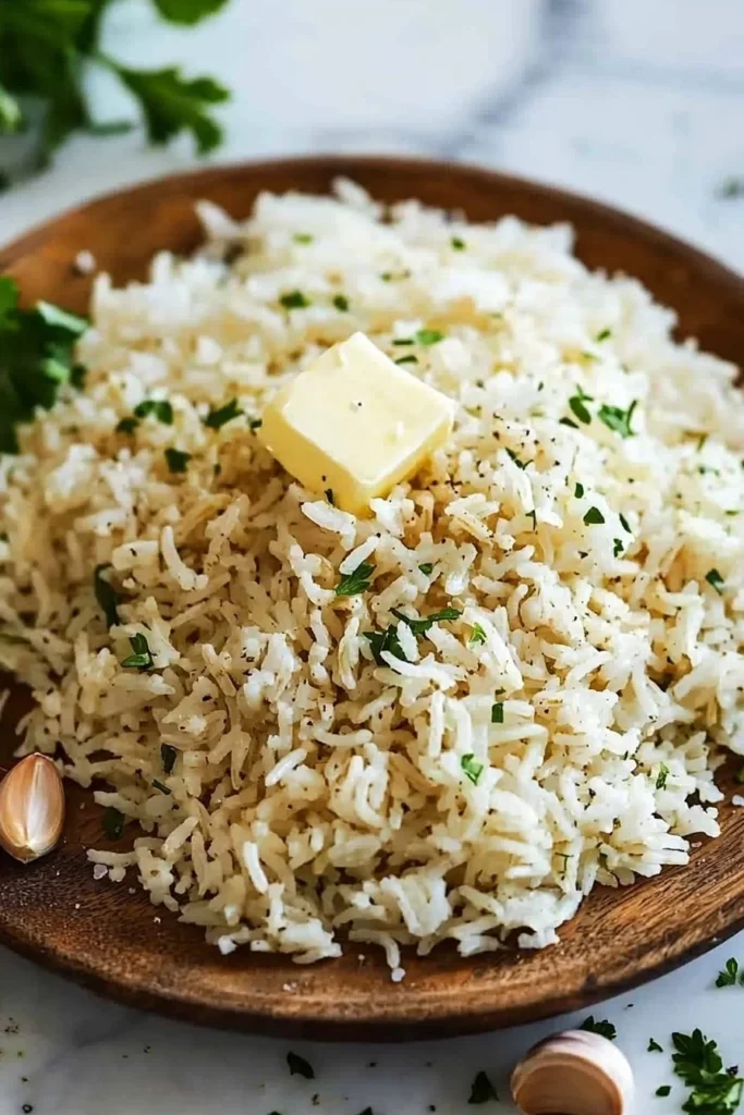 Delicious homemade garlic butter rice served in a bowl, garnished with parsley.