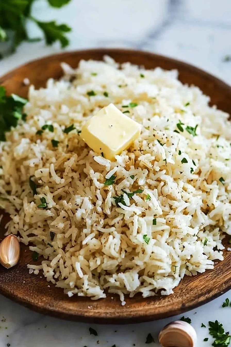 Delicious homemade garlic butter rice served in a bowl, garnished with parsley.