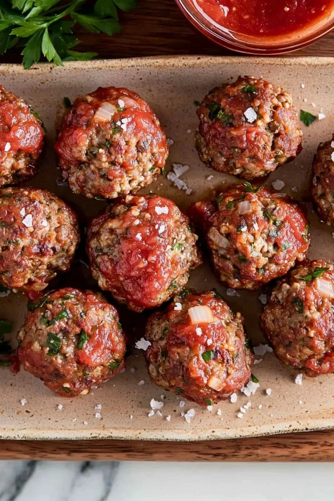 A plate of homemade meatballs in marinara sauce garnished with parsley.