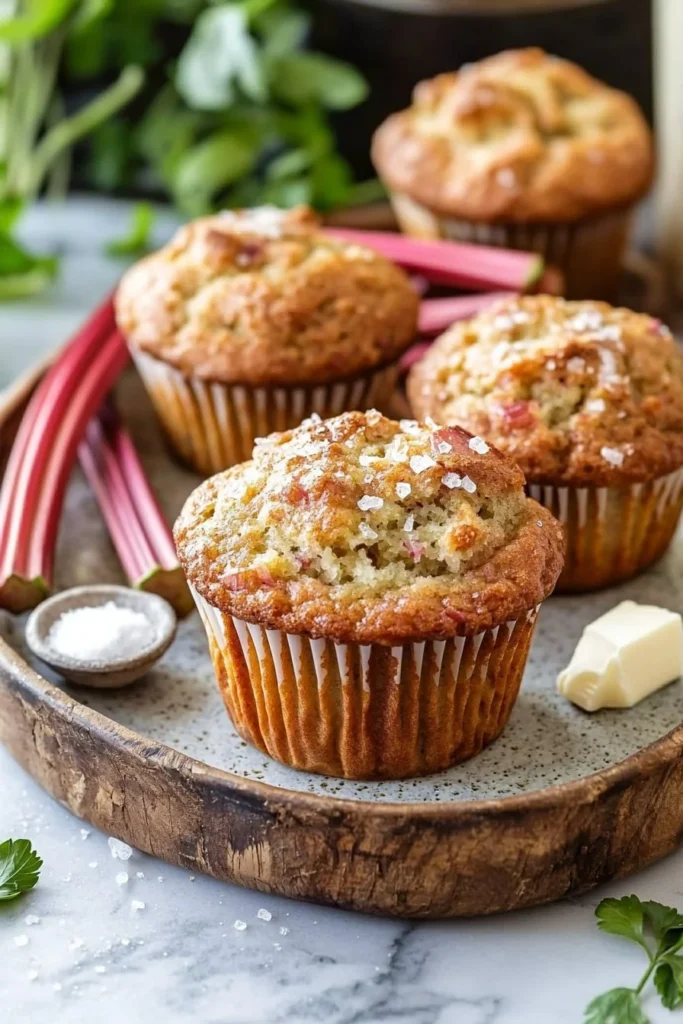 Homemade moist rhubarb muffins fresh out of the oven, ready to enjoy.