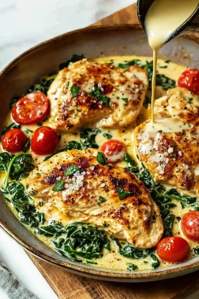 Delicious Homemade Tuscan Chicken garnished with herbs and sun-dried tomatoes