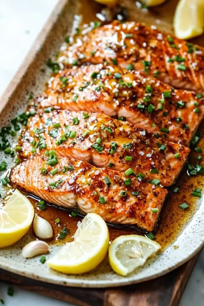 Honey Garlic Baked Salmon served with lemon and herbs