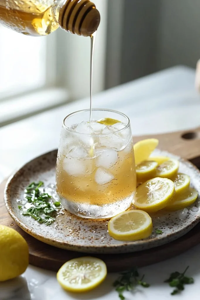 A refreshing Honey Lemon Mocktail served in a glass with lemon slices and honey drizzle.