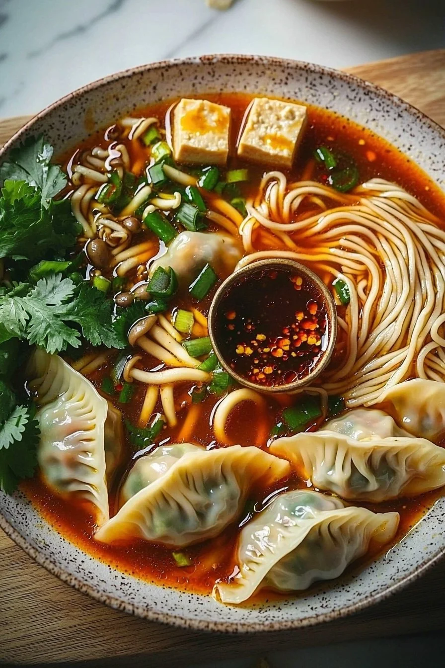 Hot and Sour Dumpling Noodle Soup in a bowl garnished with herbs and spices