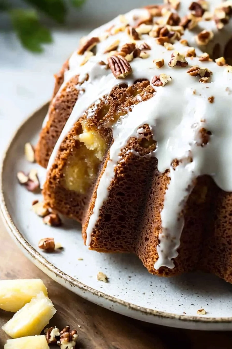 Hummingbird Bundt Cake with Cream Cheese Glaze on a decorative plate