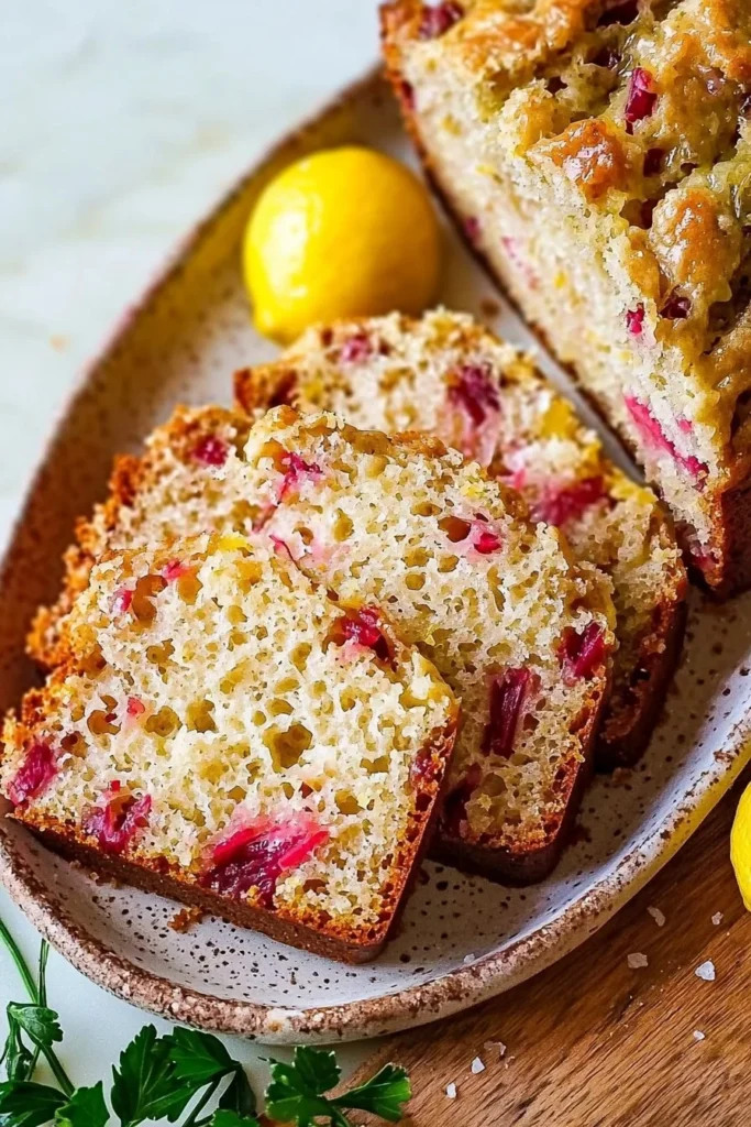 A slice of delicious lemon rhubarb bread with fresh rhubarb and lemon zest.