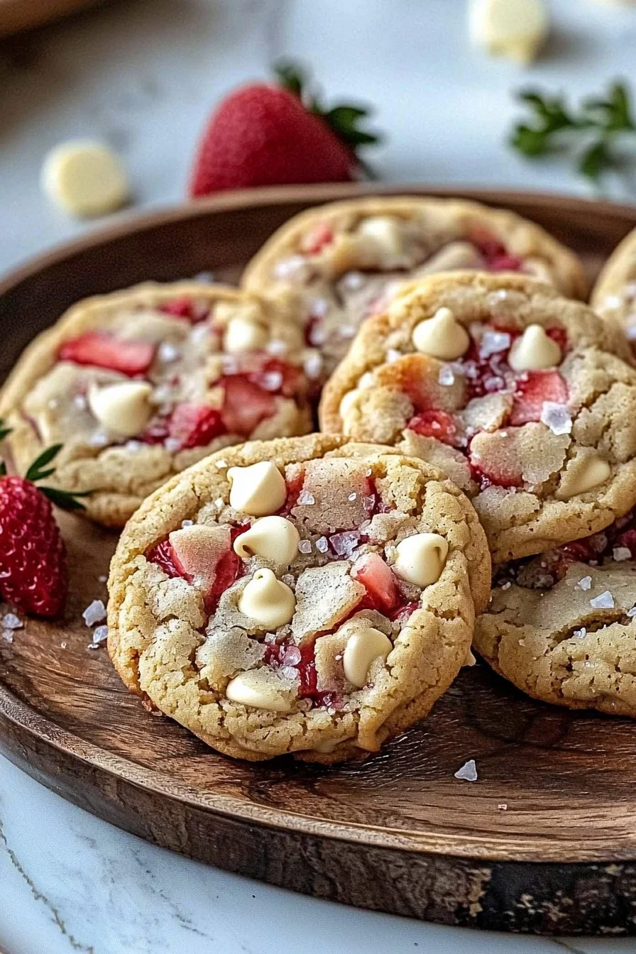 Freshly baked strawberry white chocolate cookies on a rustic wooden table.
