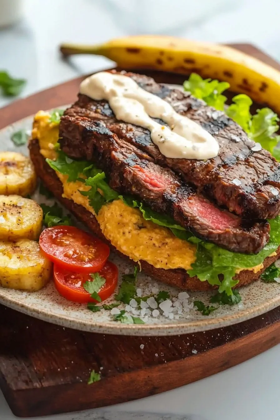 Jibarito sandwich with plantains and meat, garnished with fresh vegetables
