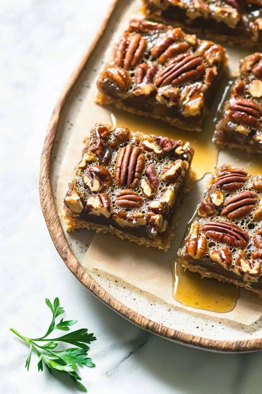 Delicious Keto Pecan Pie Bars set on a rustic wooden table