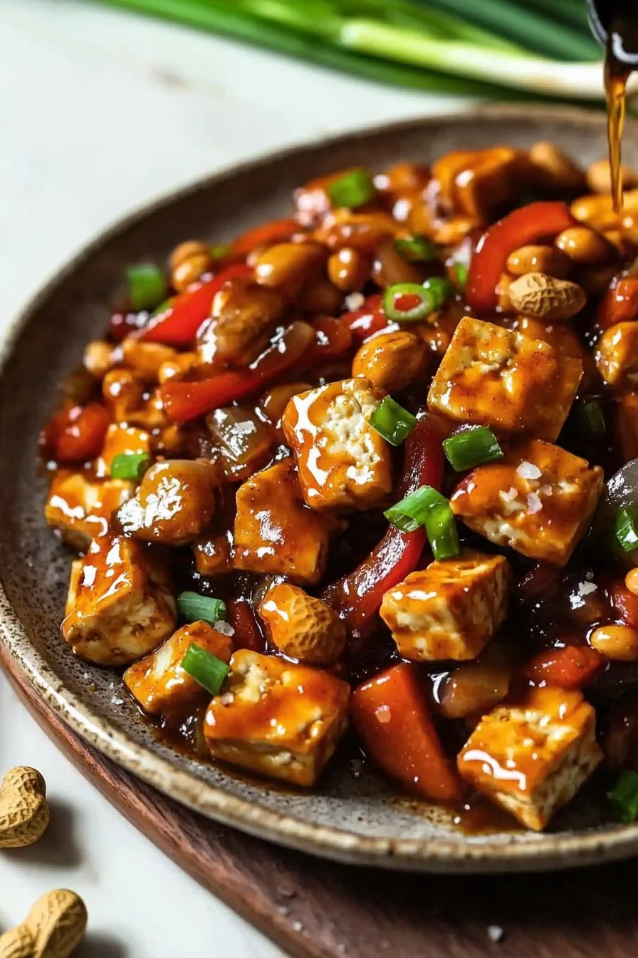 Delicious plate of Kung Pao Tofu with vegetables and peanuts