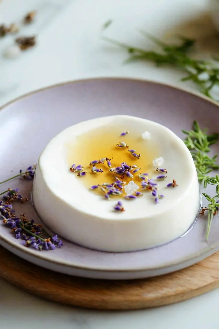 Lavender Honey Panna Cotta dessert garnished with lavender flowers.