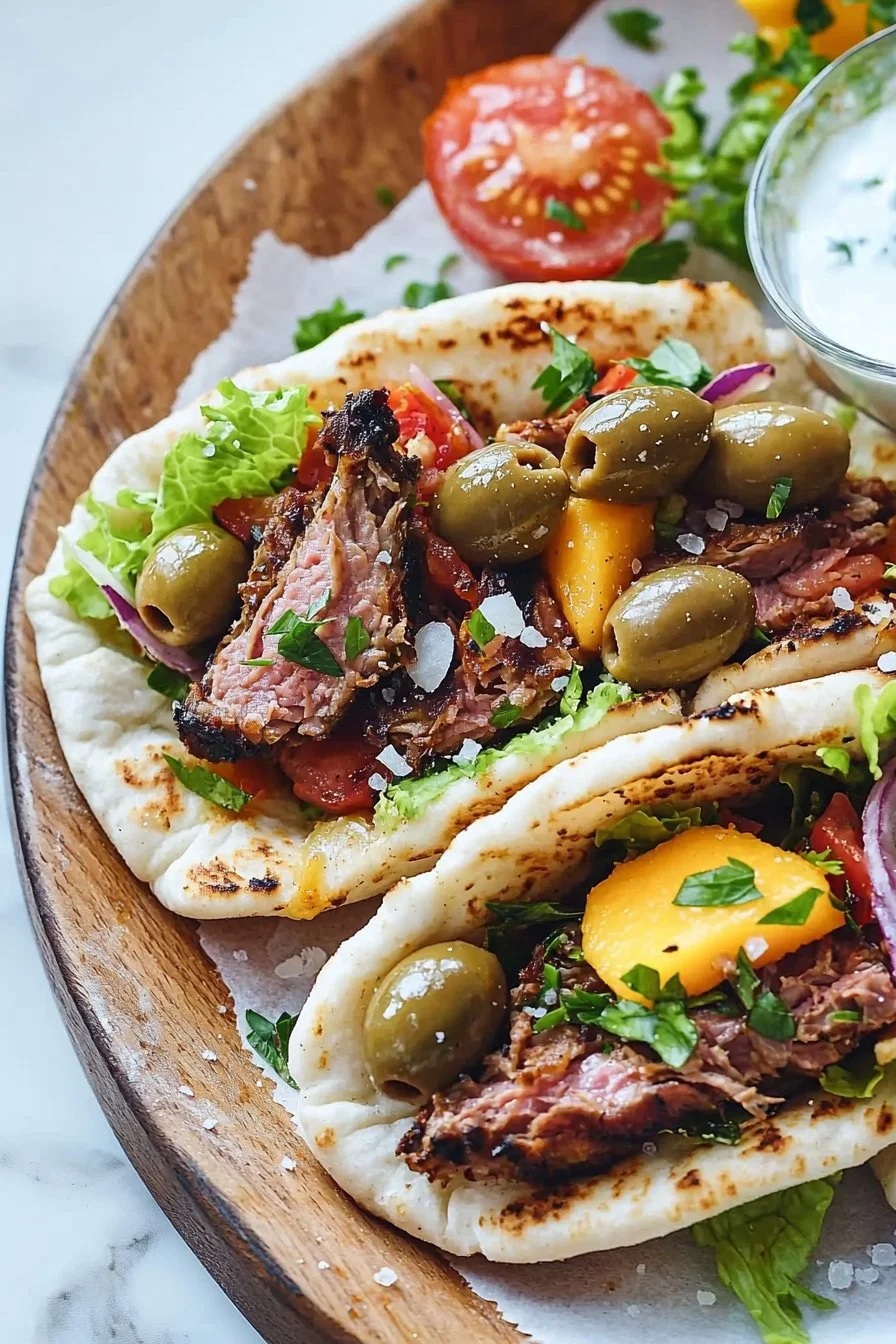 Delicious leftover roasted lamb gyros with olive and mango toppings.