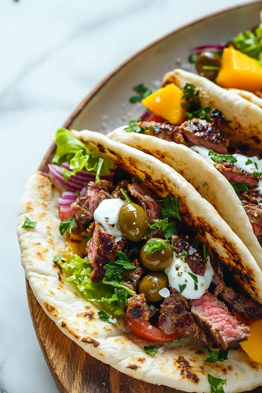 Plate of leftover roasted lamb gyros with olive and mango toppings