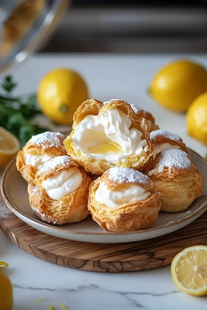 Lemon cream puffs filled with zesty lemon cream on a rustic wooden table.