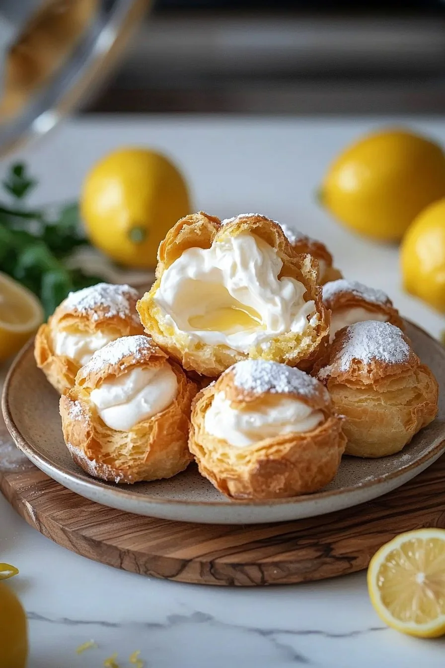 Lemon cream puffs filled with zesty lemon cream on a rustic wooden table.
