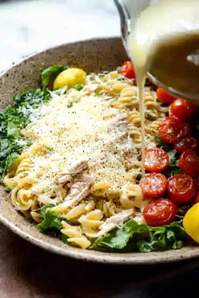 Lemon Parmesan Chicken Pasta Salad with fresh ingredients and vibrant colors