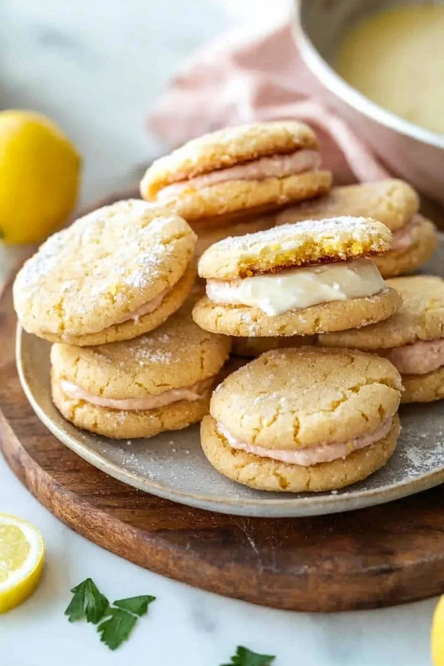 Delicious homemade lemon sandwich cookies with creamy filling