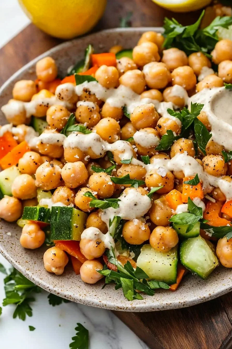 Lemon Tahini Chickpeas served with fresh veggies on a plate