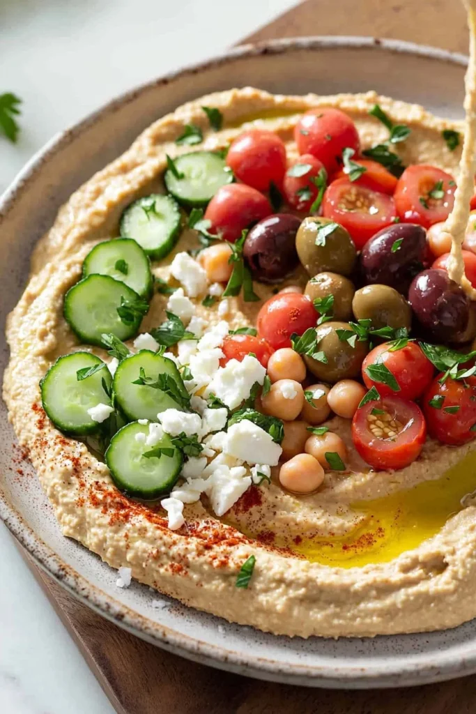Delicious loaded hummus topped with vegetables and spices served in a bowl