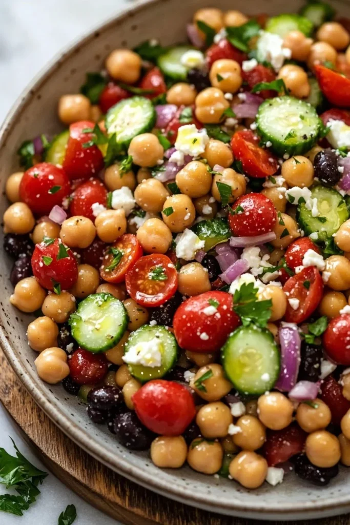 Mediterranean Dense Bean Salad with colorful ingredients in a bowl