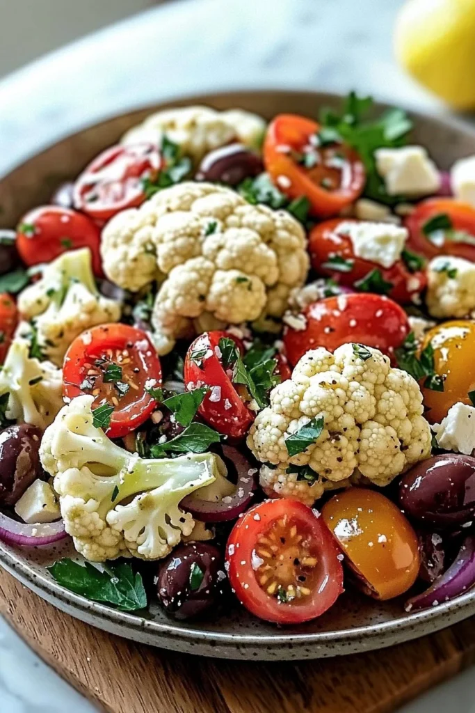 Mediterranean marinated cauliflower salad garnished with fresh herbs