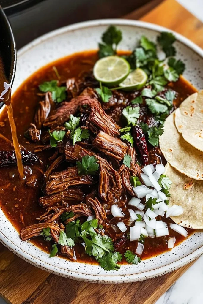 Delicious Mexican Birria cooked in a crockpot, served in bowls with toppings.