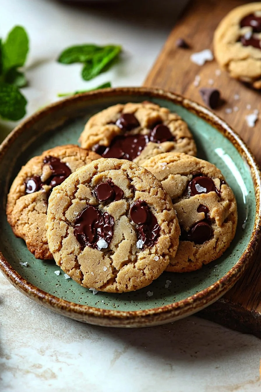 Freshly baked mint chocolate chip cookies on a cooling rack