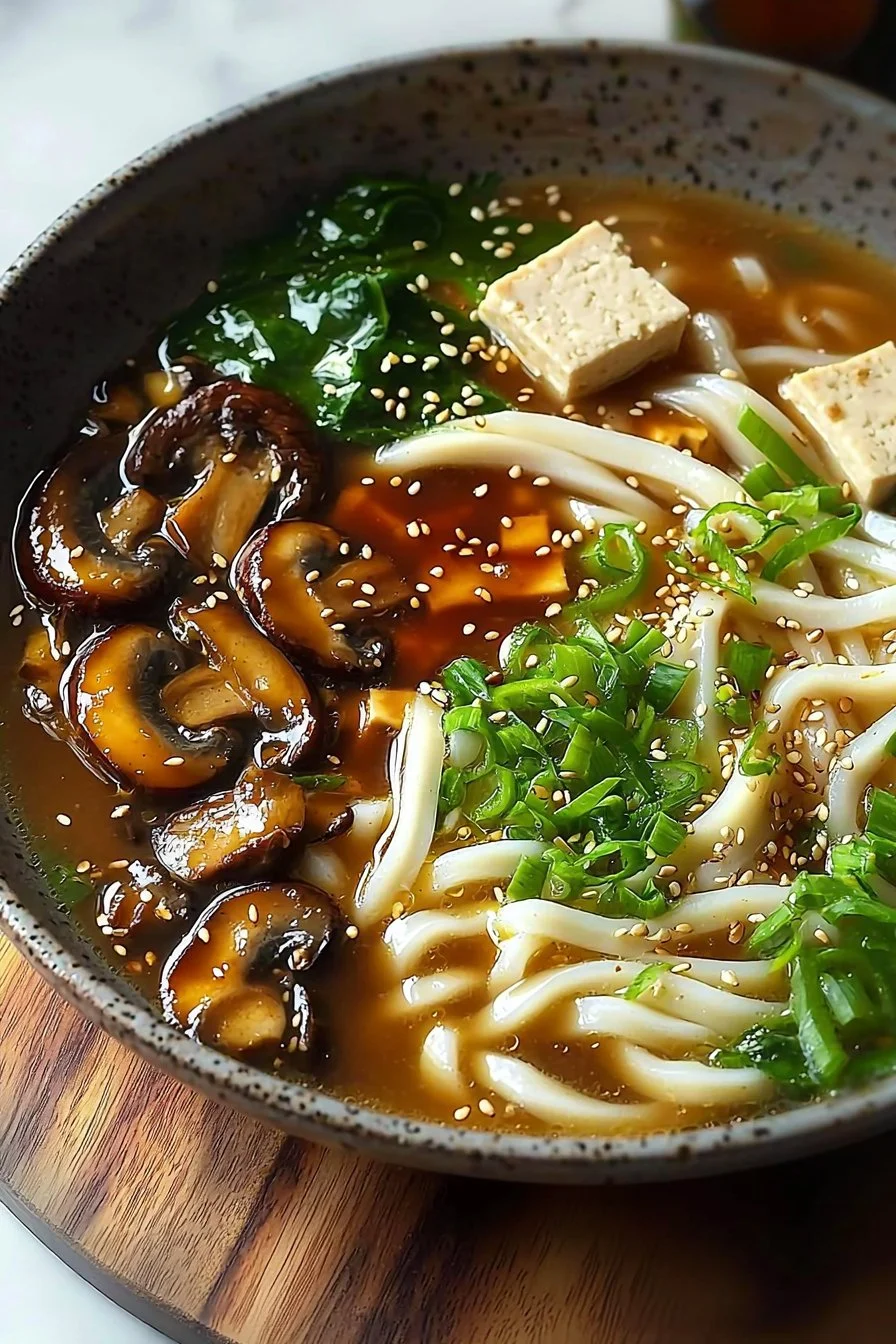 Delicious bowl of Miso Udon Noodle Soup with Teriyaki Mushrooms