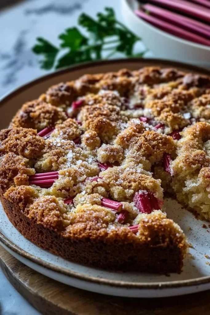 Moist and tangy rhubarb coffee cake on a plate with a fork