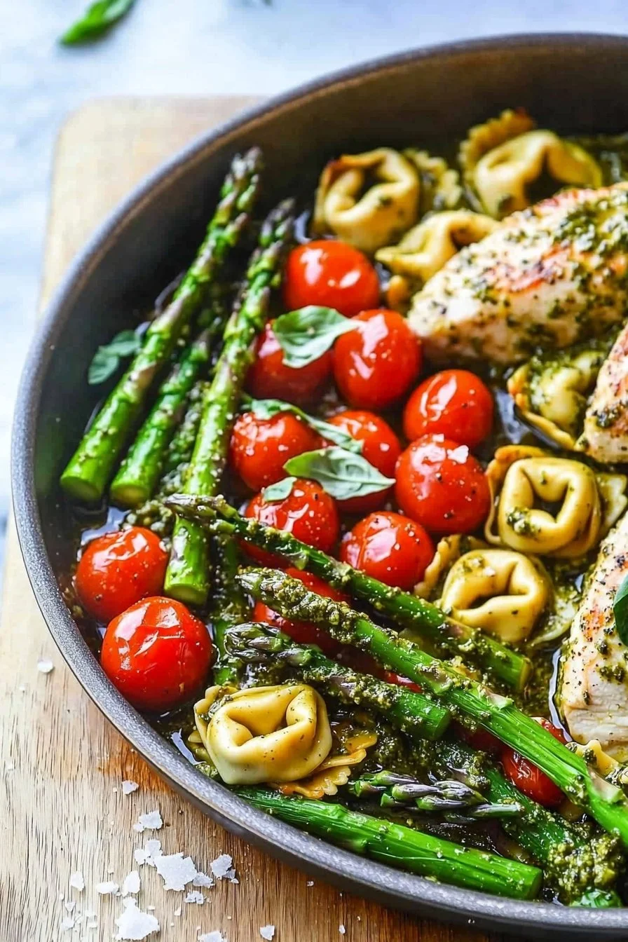 One-Pan Pesto Chicken with tortellini and mixed vegetables on a plate